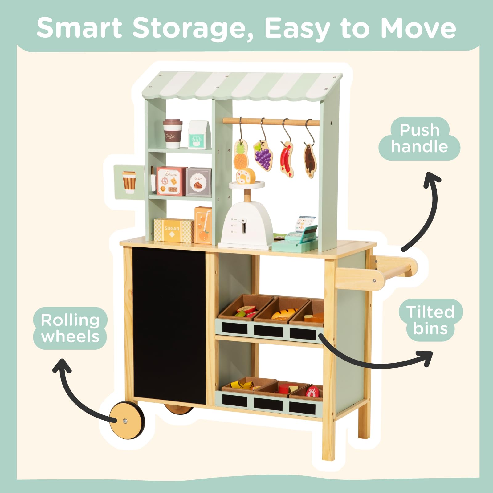 Reversible Wooden Grocery Store Playset with Cash Register and Wheels