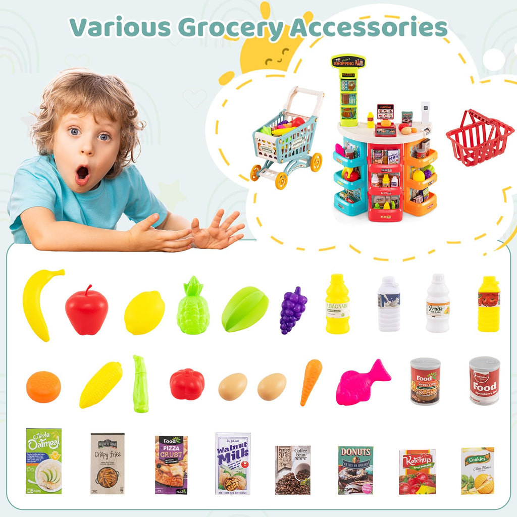 Grocery Store Pretend Playset with Cart Scanner Cash Register and Food