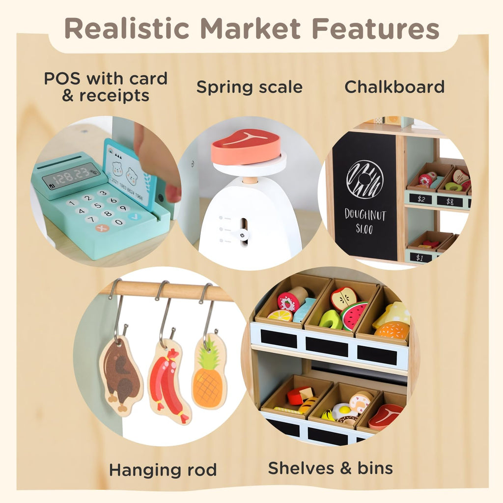 Reversible Wooden Grocery Store Playset with Cash Register and Wheels