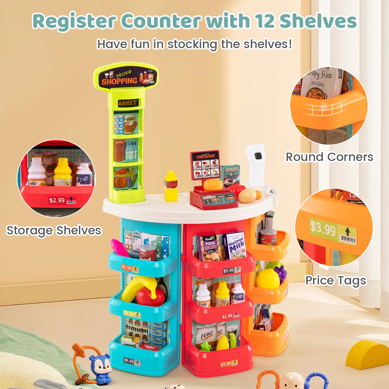 Grocery Store Pretend Playset with Cart Scanner Cash Register and Food