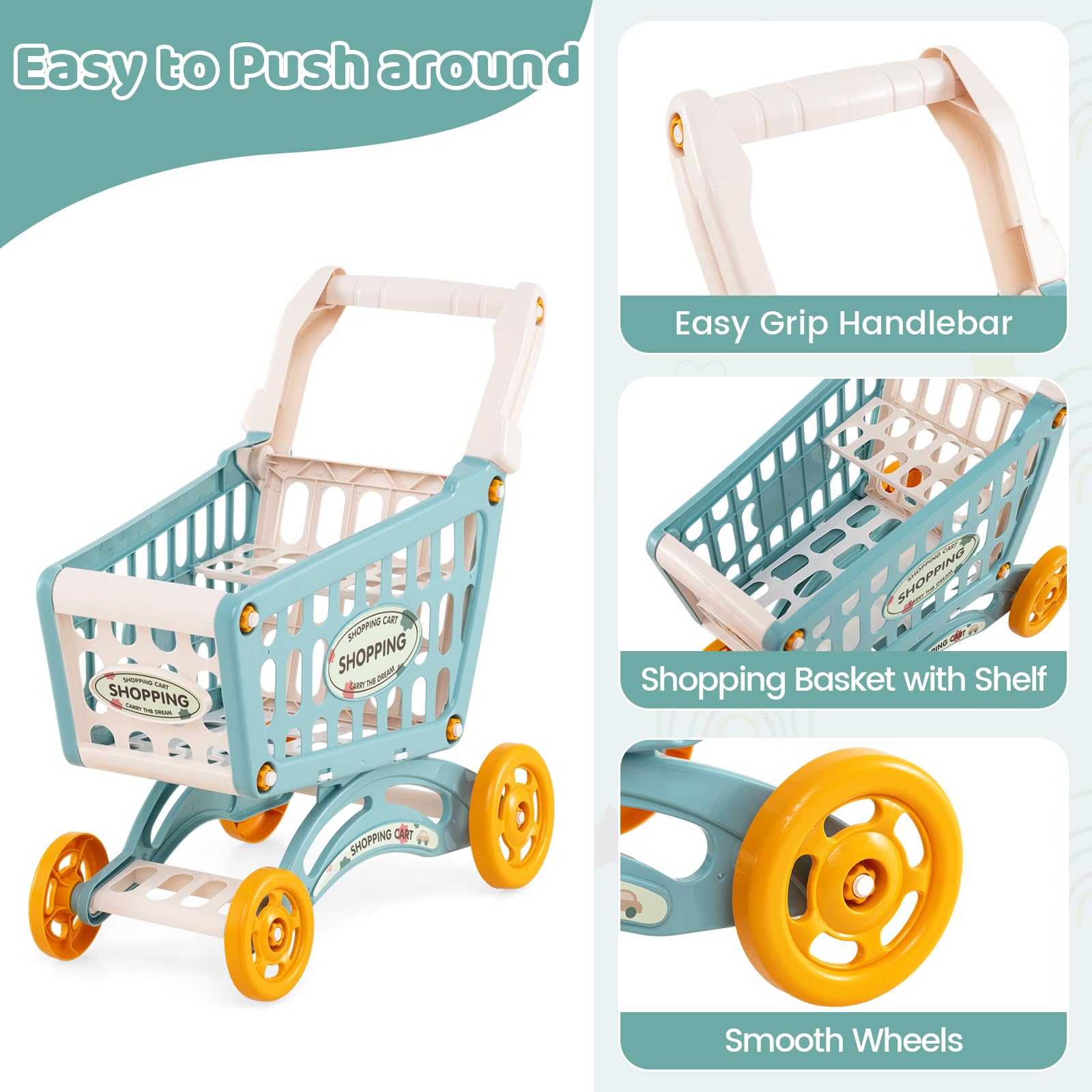 Grocery Store Pretend Playset with Cart Scanner Cash Register and Food