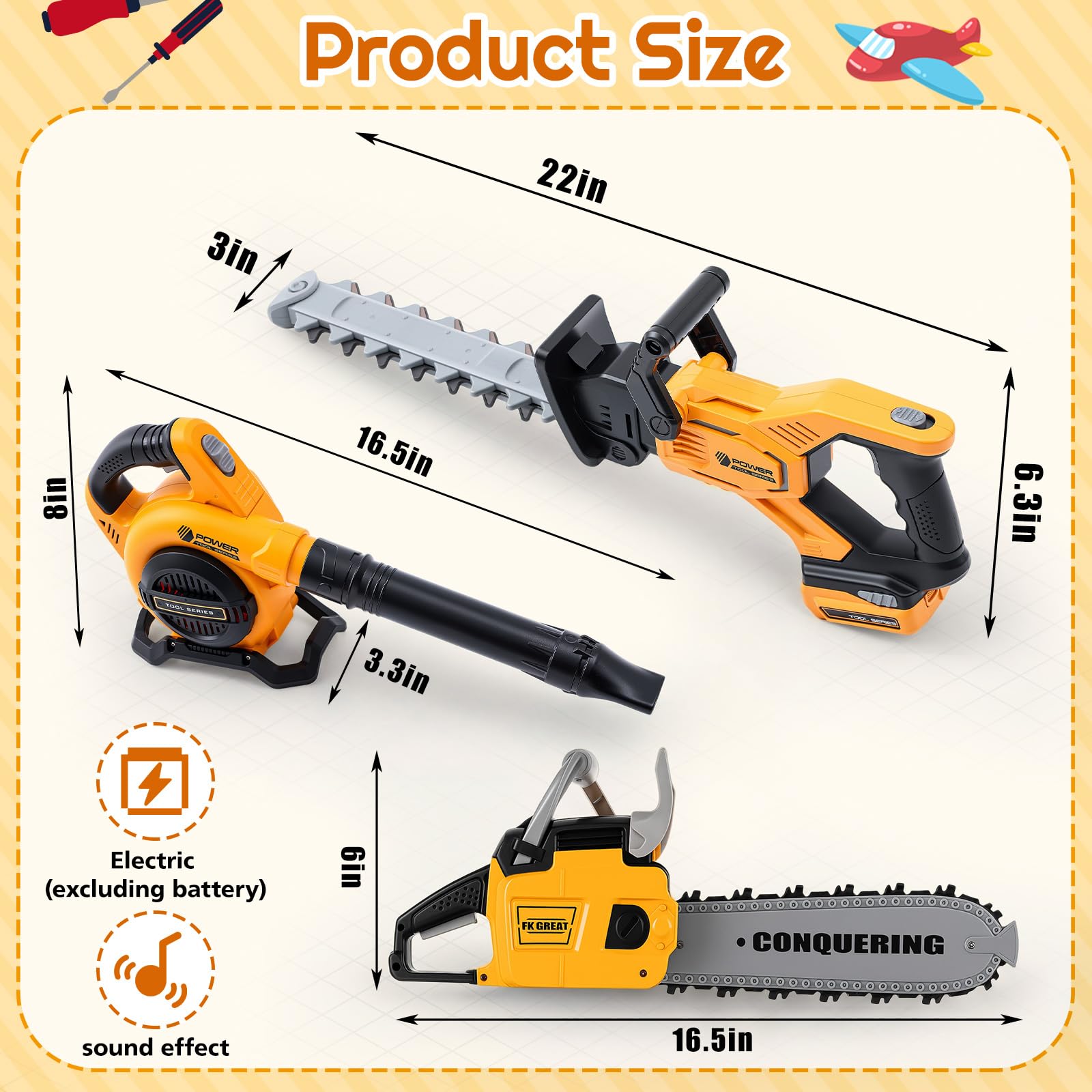 Kids Gardening Tool Set with Leaf Blower Trimmer Chainsaw and Mower