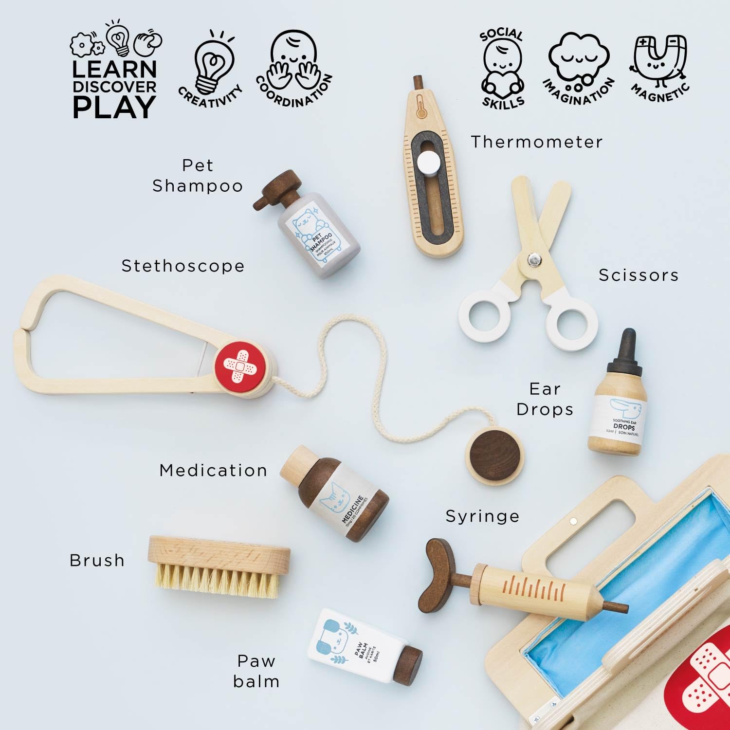Wooden Doctor and Vet Pretend Play Set for Kids Ages 3 and Up