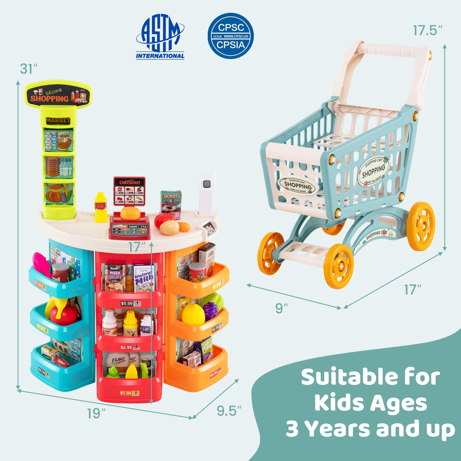 Grocery Store Pretend Playset with Cart Scanner Cash Register and Food