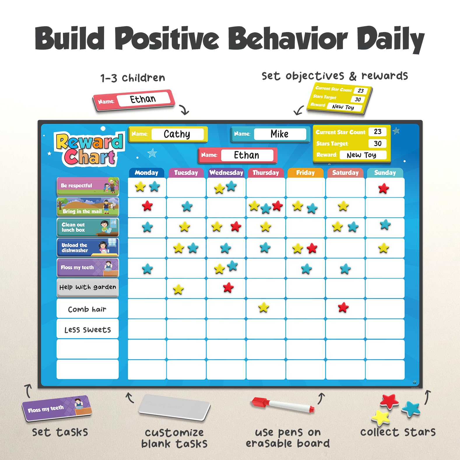 Magnetic Responsibility and Reward Chart with 3D Stars for Kids