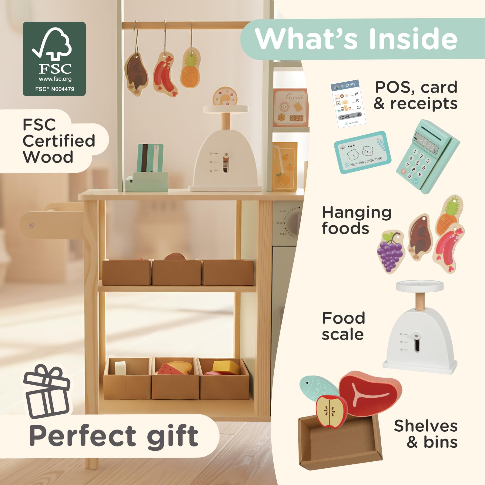 Reversible Wooden Grocery Store Playset with Cash Register and Wheels