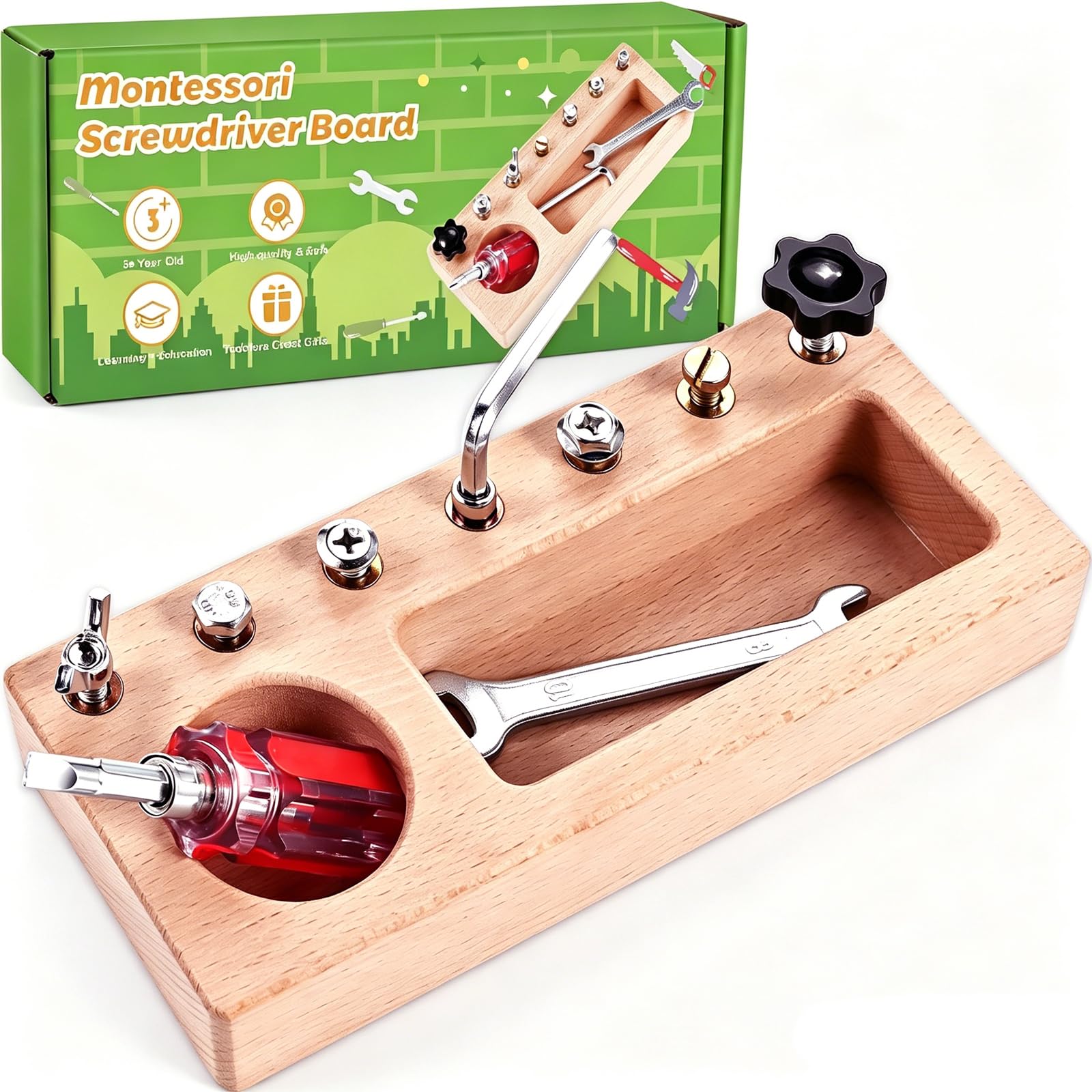 Wooden Montessori Screwdriver Board for Fine Motor Skills Ages 3 to 5