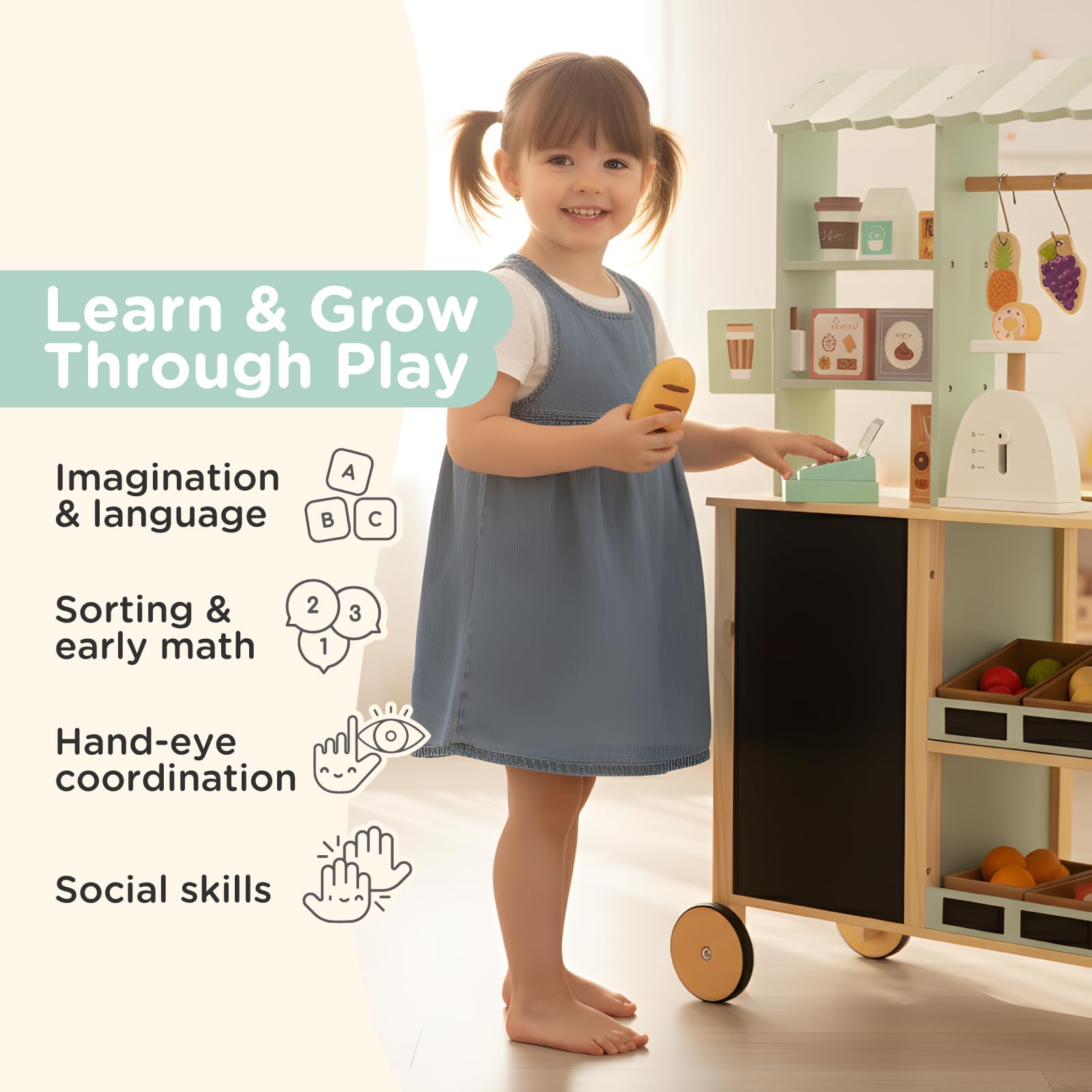 Reversible Wooden Grocery Store Playset with Cash Register and Wheels