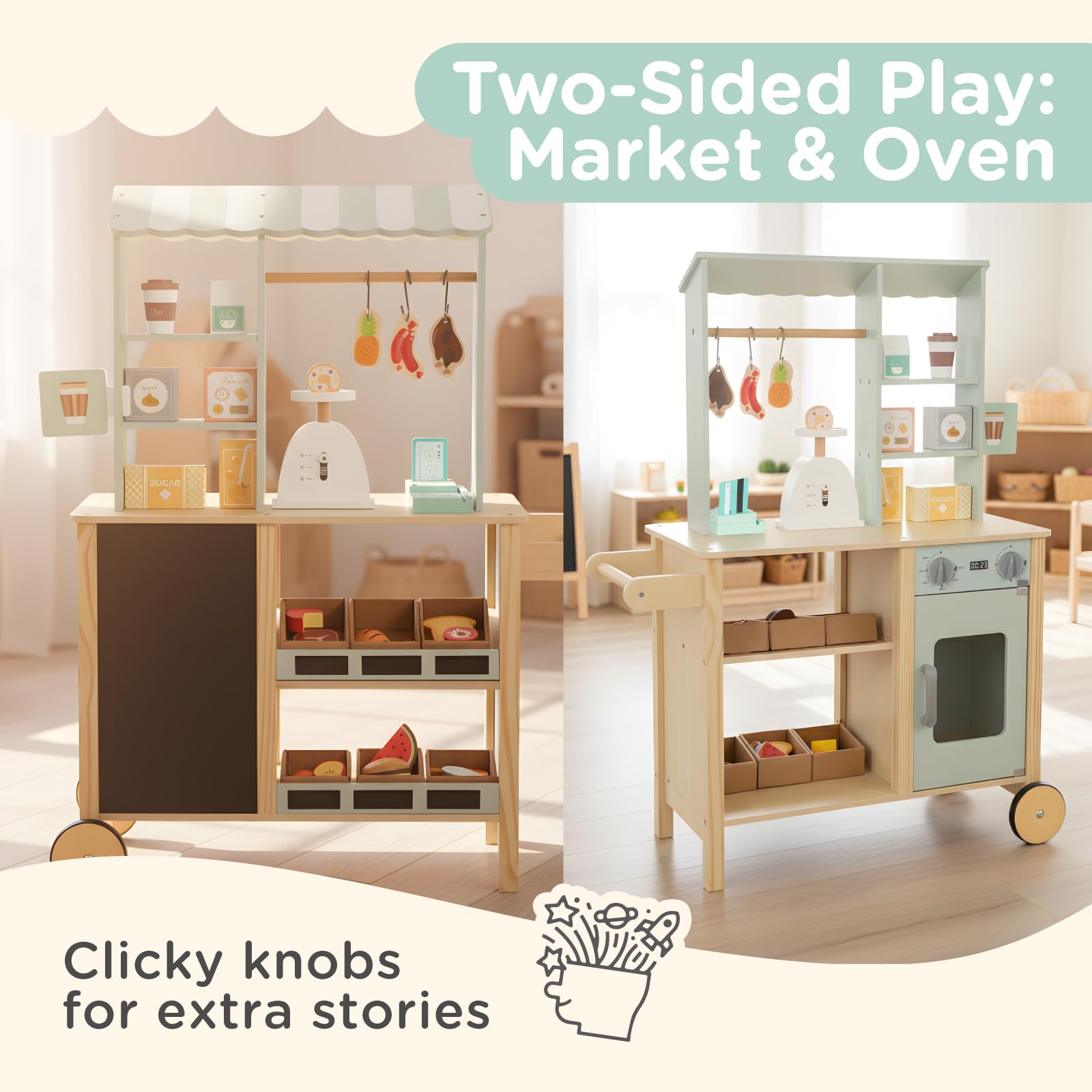 Reversible Wooden Grocery Store Playset with Cash Register and Wheels