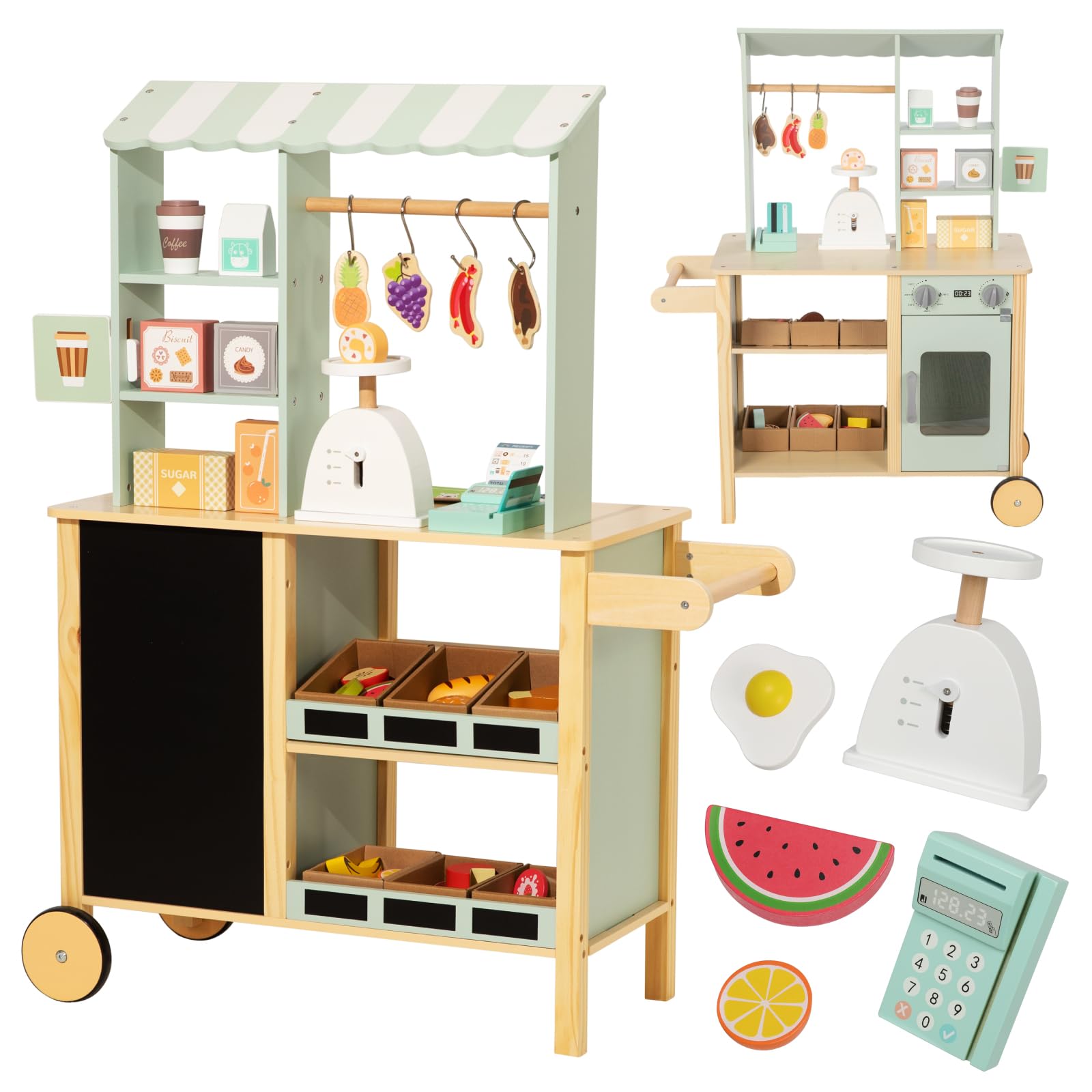 Reversible Wooden Grocery Store Playset with Cash Register and Wheels