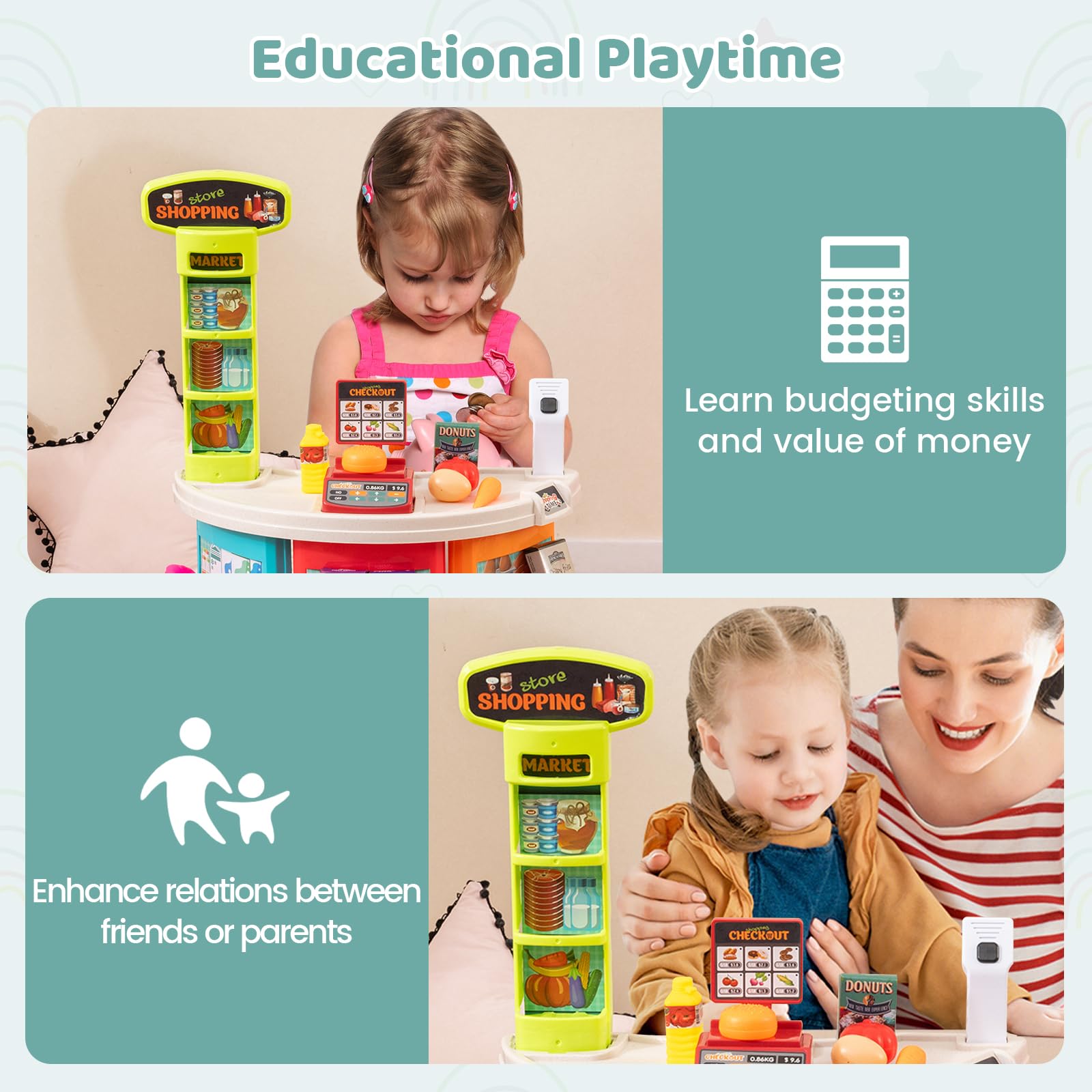 Grocery Store Pretend Playset with Cart Scanner Cash Register and Food