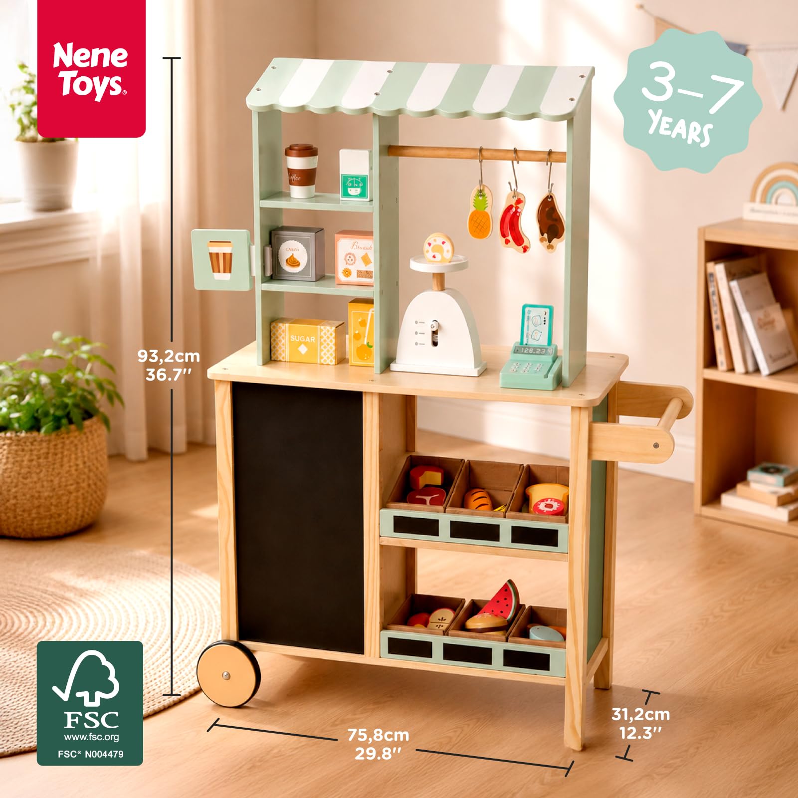 Reversible Wooden Grocery Store Playset with Cash Register and Wheels