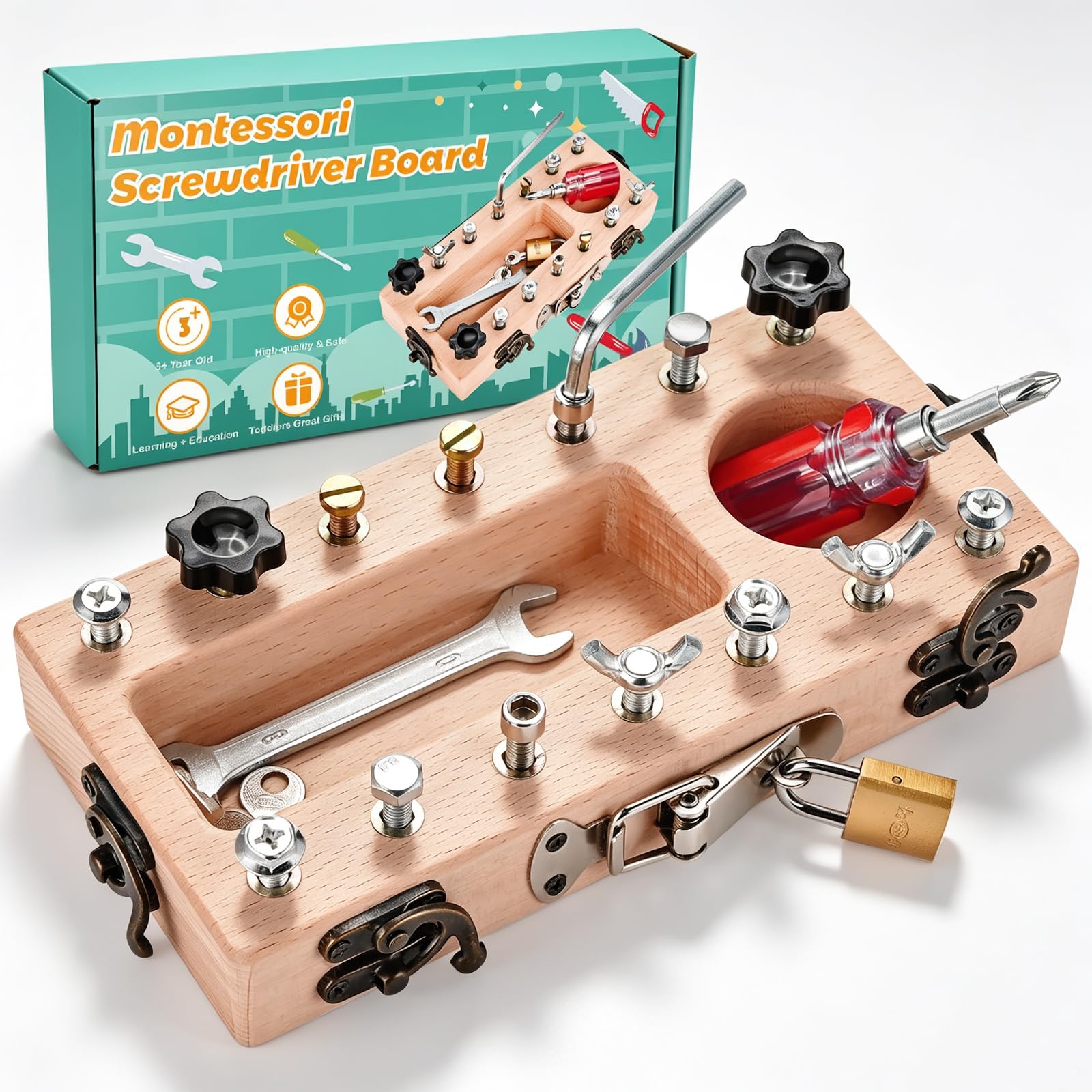 Wooden Montessori Screwdriver Board for Fine Motor Skills Ages 3 to 5