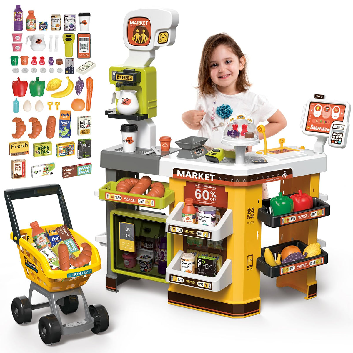 Grocery Store Playset with Shopping Cart Cash Register and Play Food
