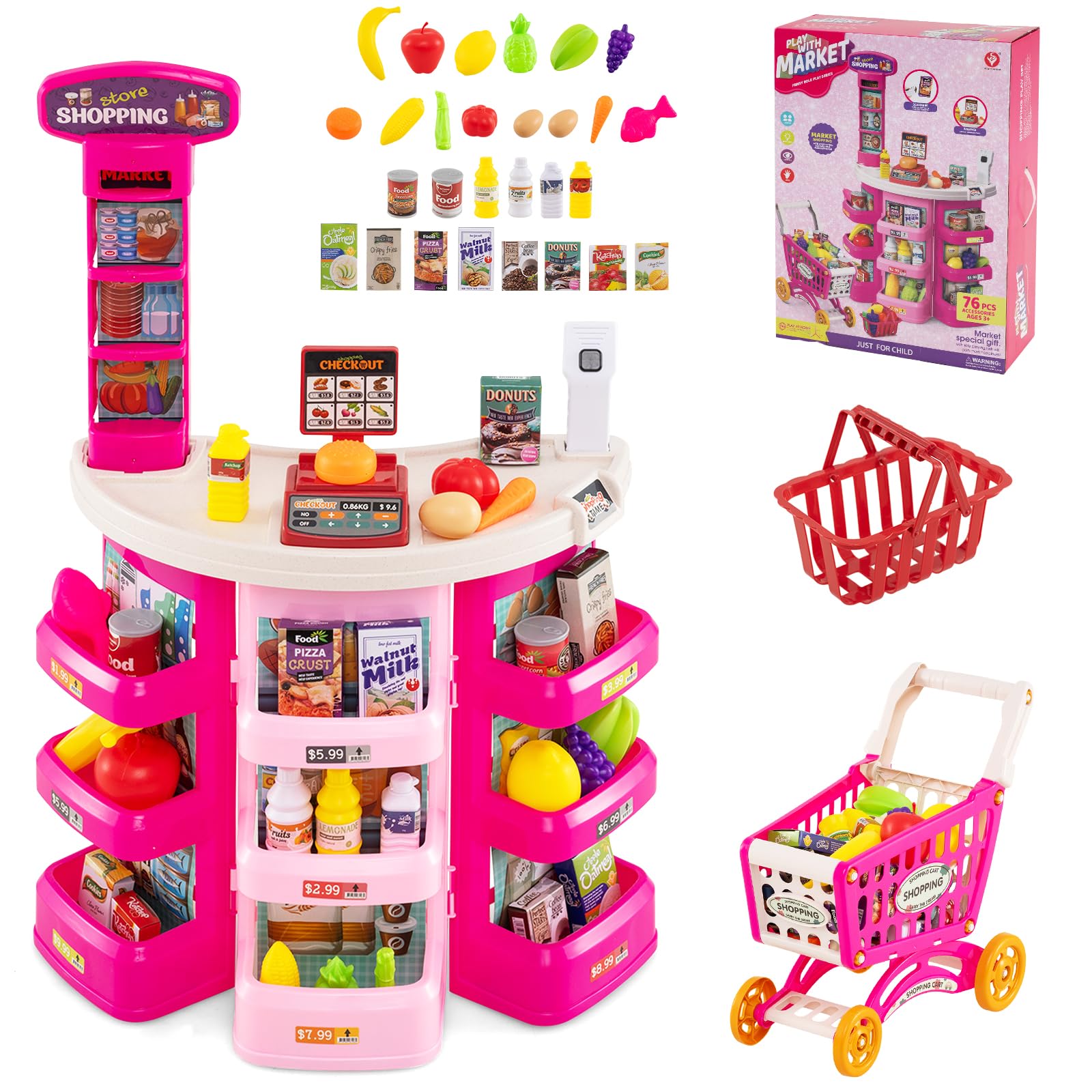 Grocery Store Pretend Playset with Cart Scanner Cash Register and Food