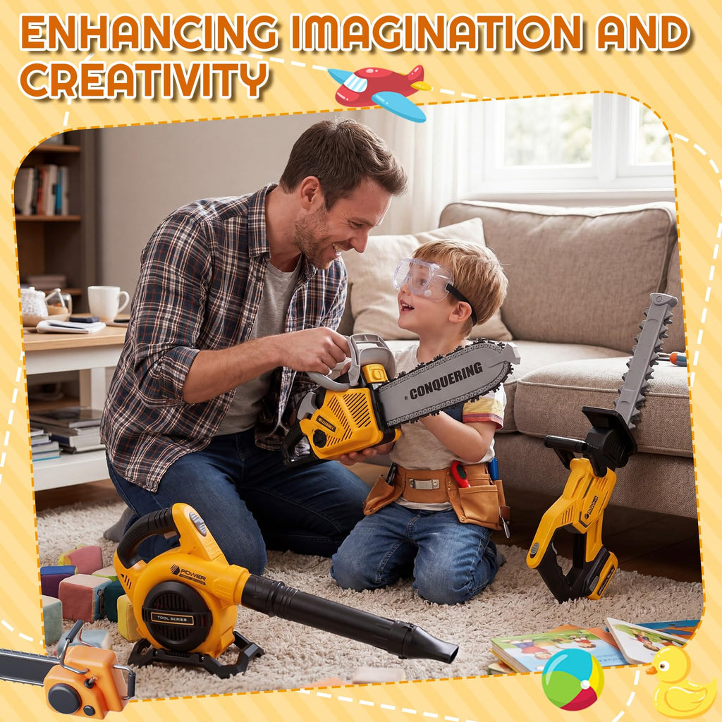 Kids Gardening Tool Set with Leaf Blower Trimmer Chainsaw and Mower