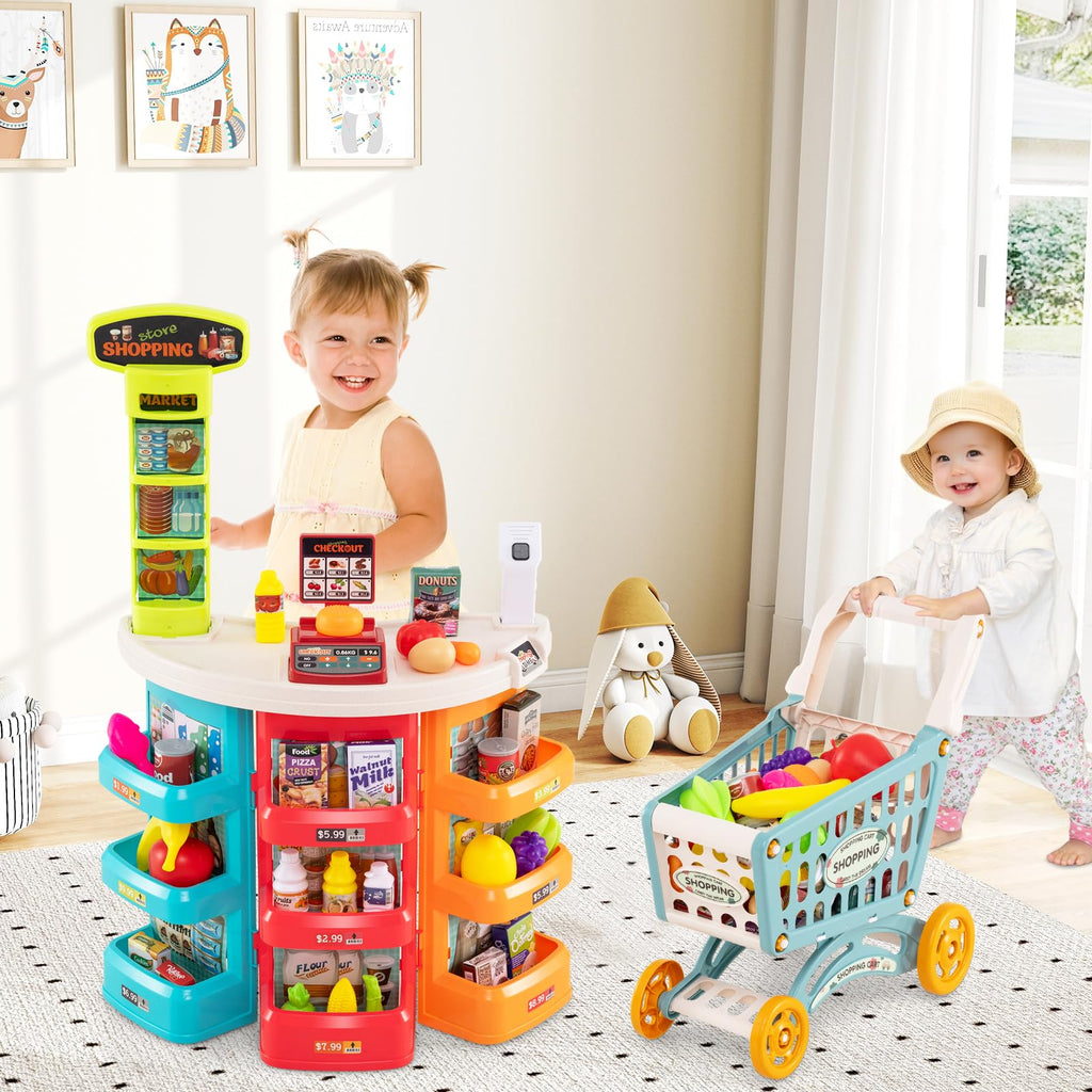 Grocery Store Pretend Playset with Cart Scanner Cash Register and Food