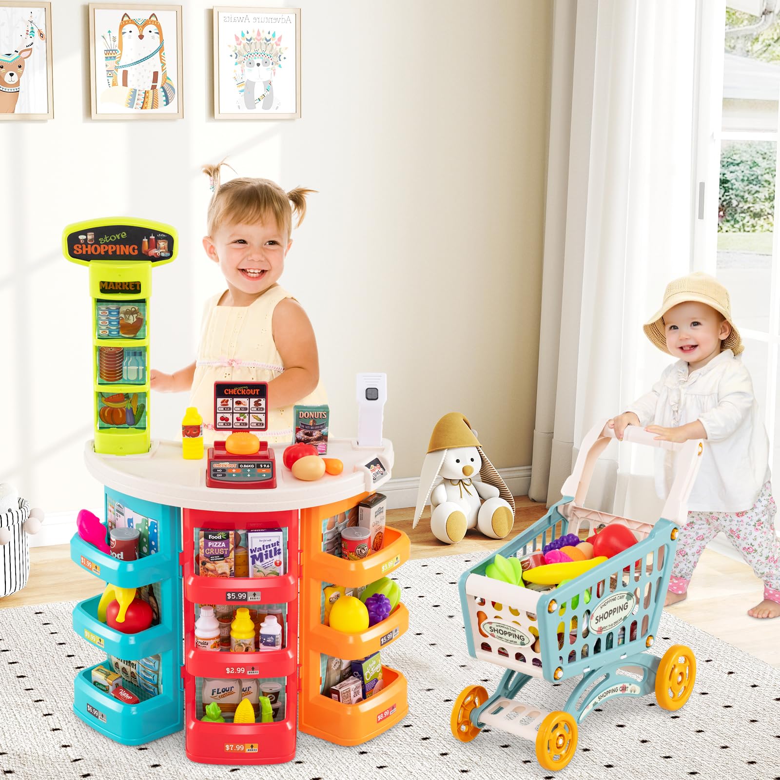 Grocery Store Pretend Playset with Cart Scanner Cash Register and Food