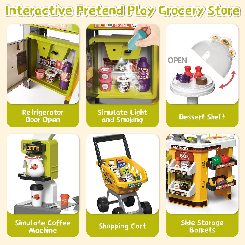 Grocery Store Playset with Shopping Cart Cash Register and Play Food