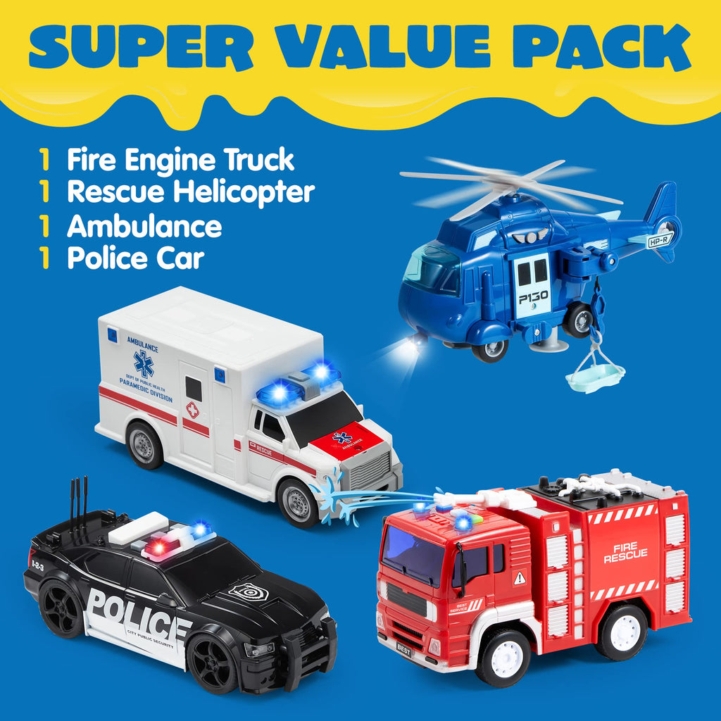 Emergency Vehicle Toy Set with Lights Sounds Fire Truck and Helicopter