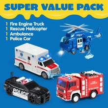 Emergency Vehicle Toy Set with Lights Sounds Fire Truck and Helicopter
