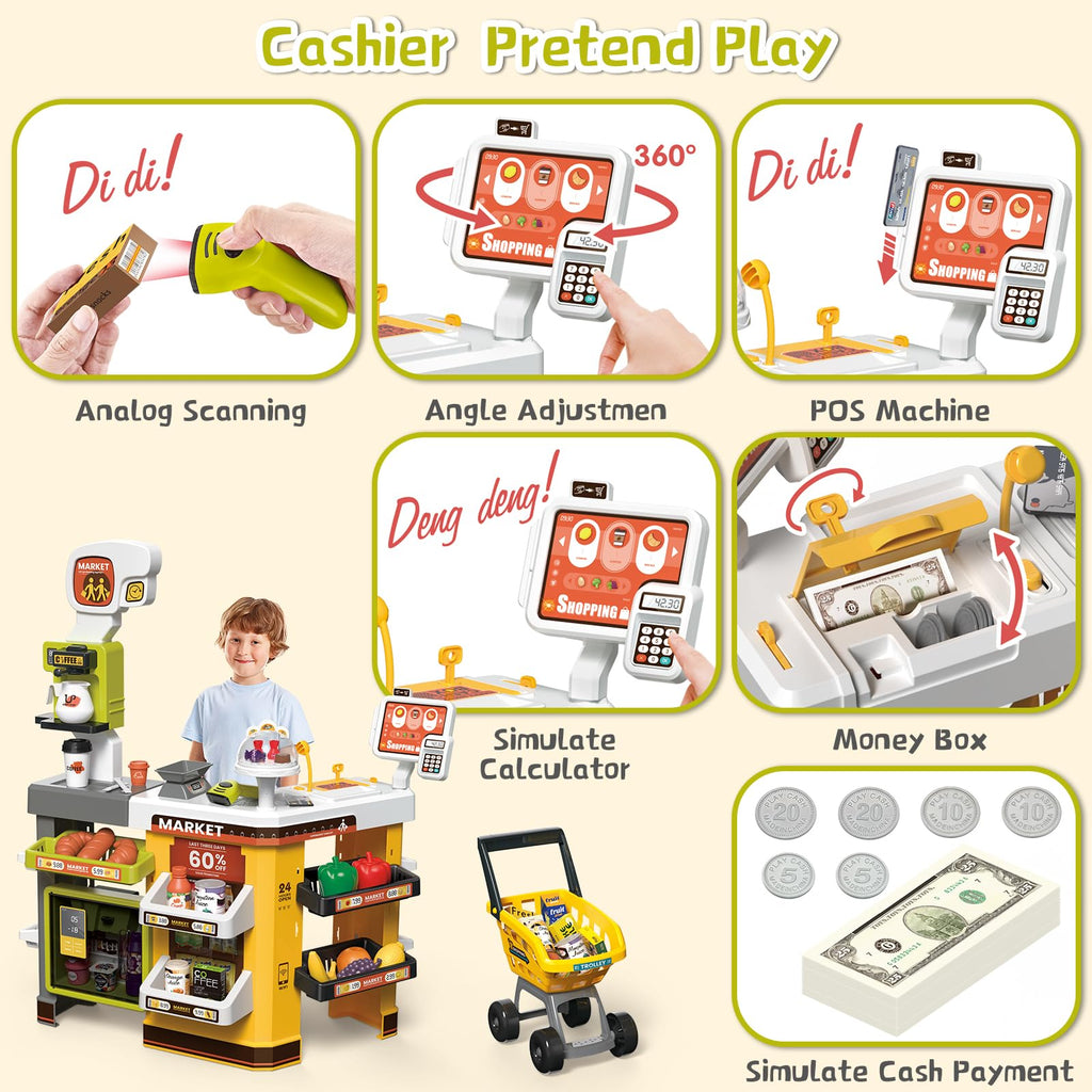 Grocery Store Playset with Shopping Cart Cash Register and Play Food