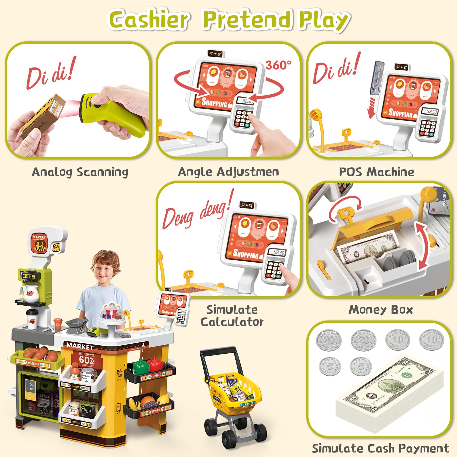 Grocery Store Playset with Shopping Cart Cash Register and Play Food