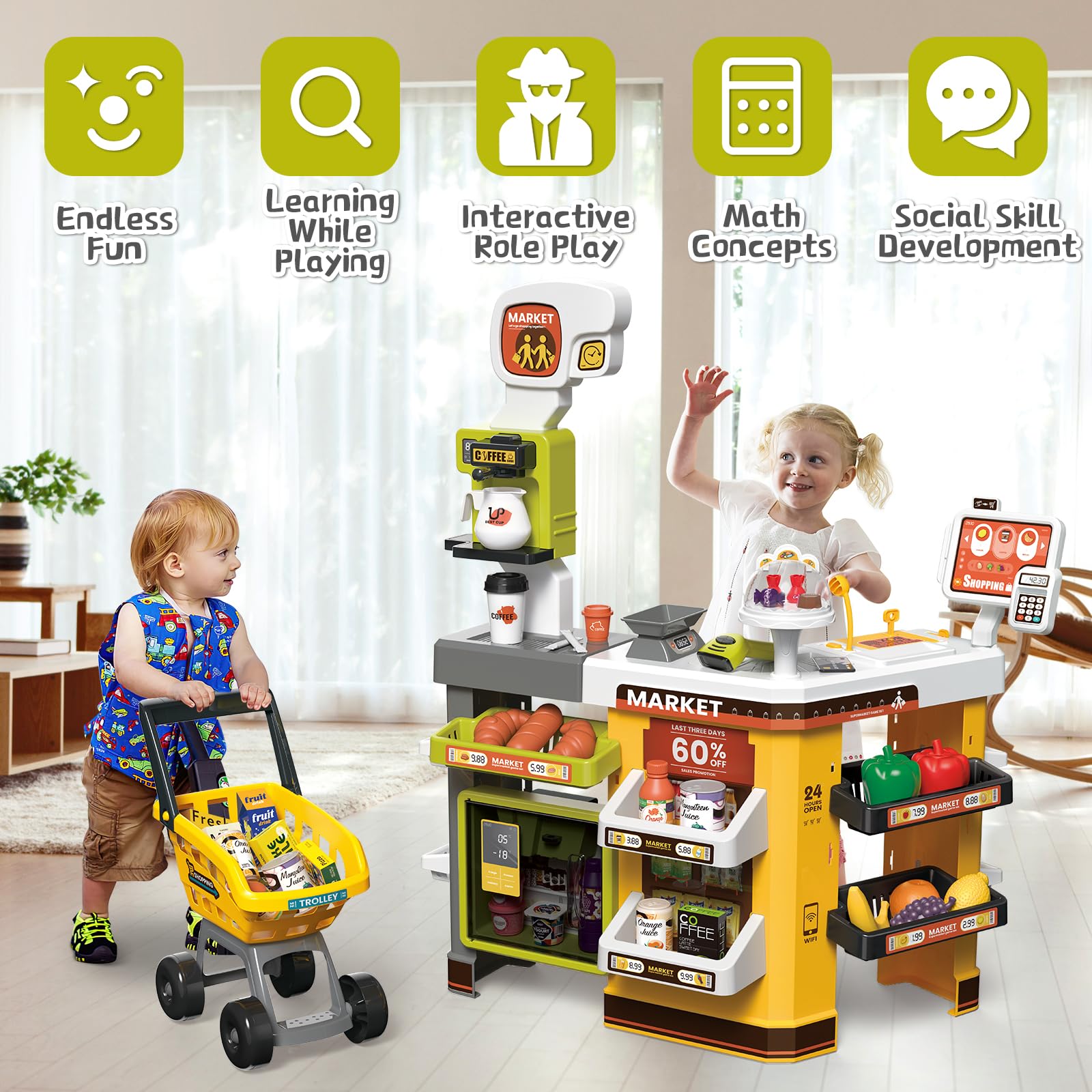 Grocery Store Playset with Shopping Cart Cash Register and Play Food