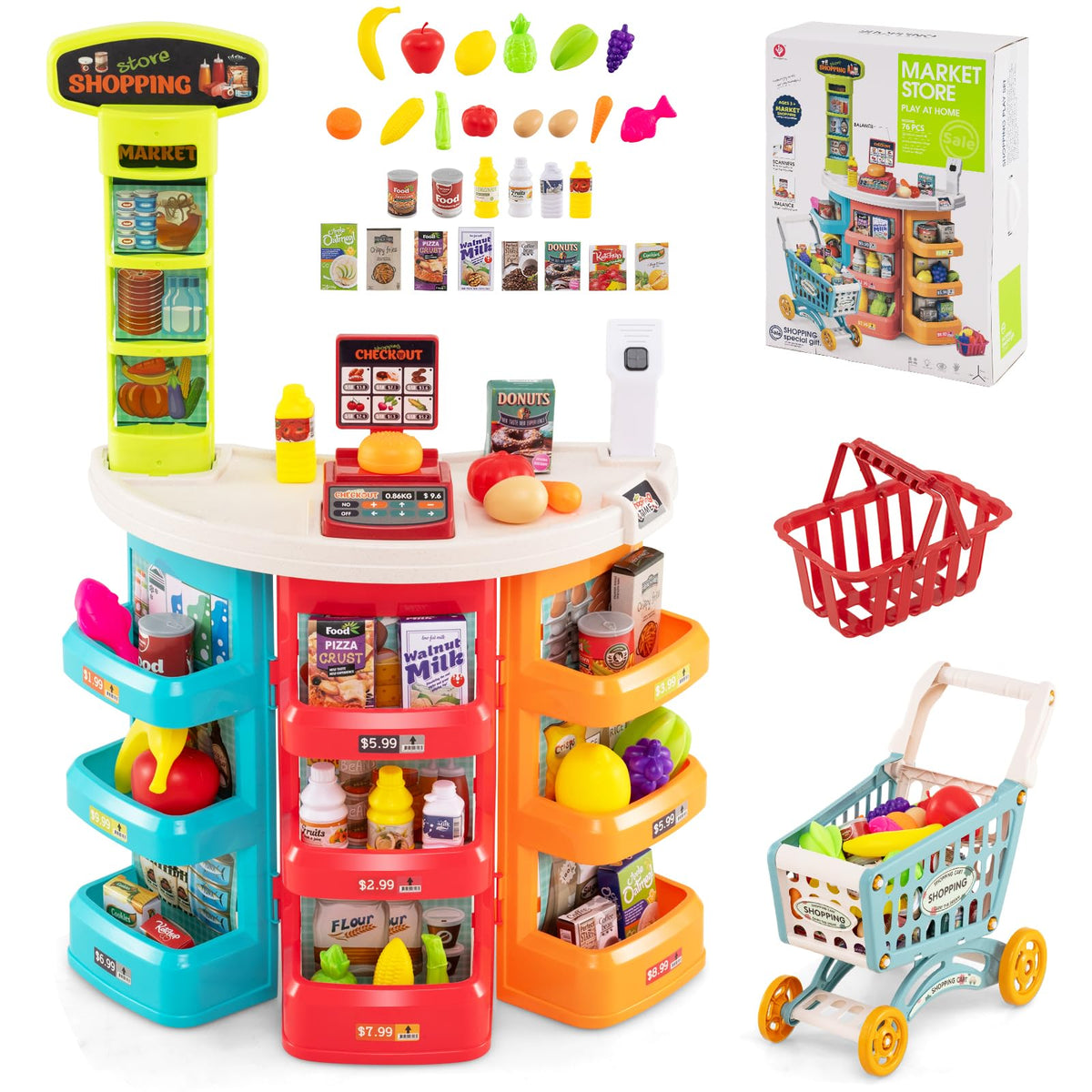 Grocery Store Pretend Playset with Cart Scanner Cash Register and Food