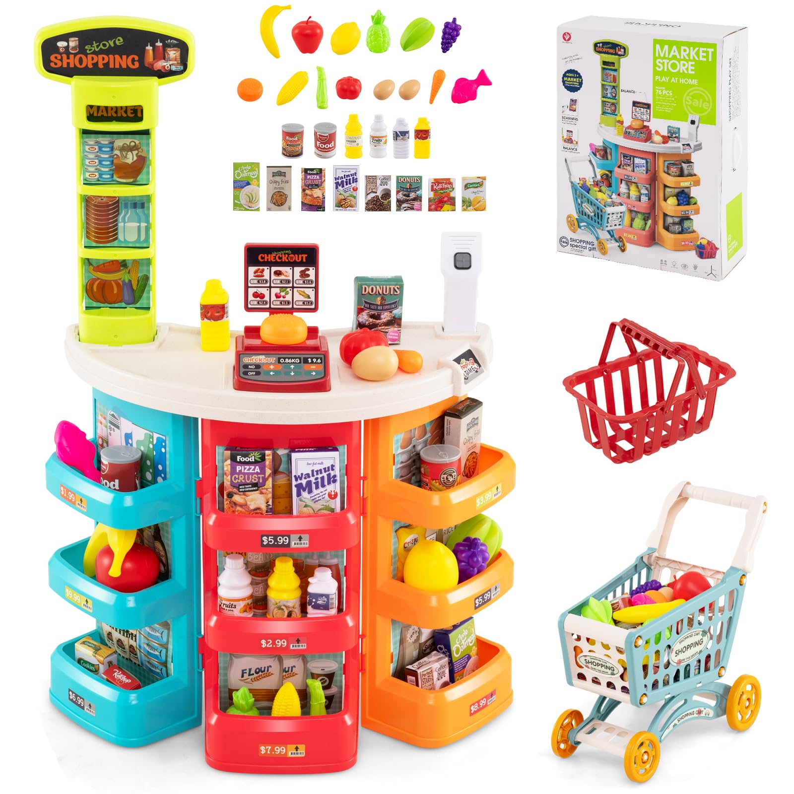 Grocery Store Pretend Playset with Cart Scanner Cash Register and Food