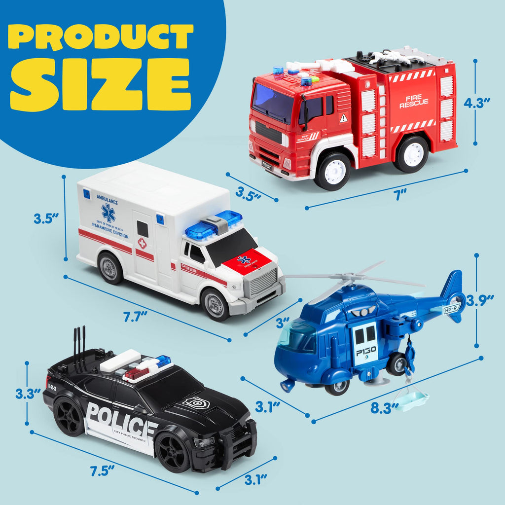 Emergency Vehicle Toy Set with Lights Sounds Fire Truck and Helicopter