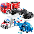 Emergency Vehicle Toy Set with Lights Sounds Fire Truck and Helicopter