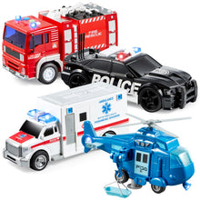 Emergency Vehicle Toy Set with Lights Sounds Fire Truck and Helicopter