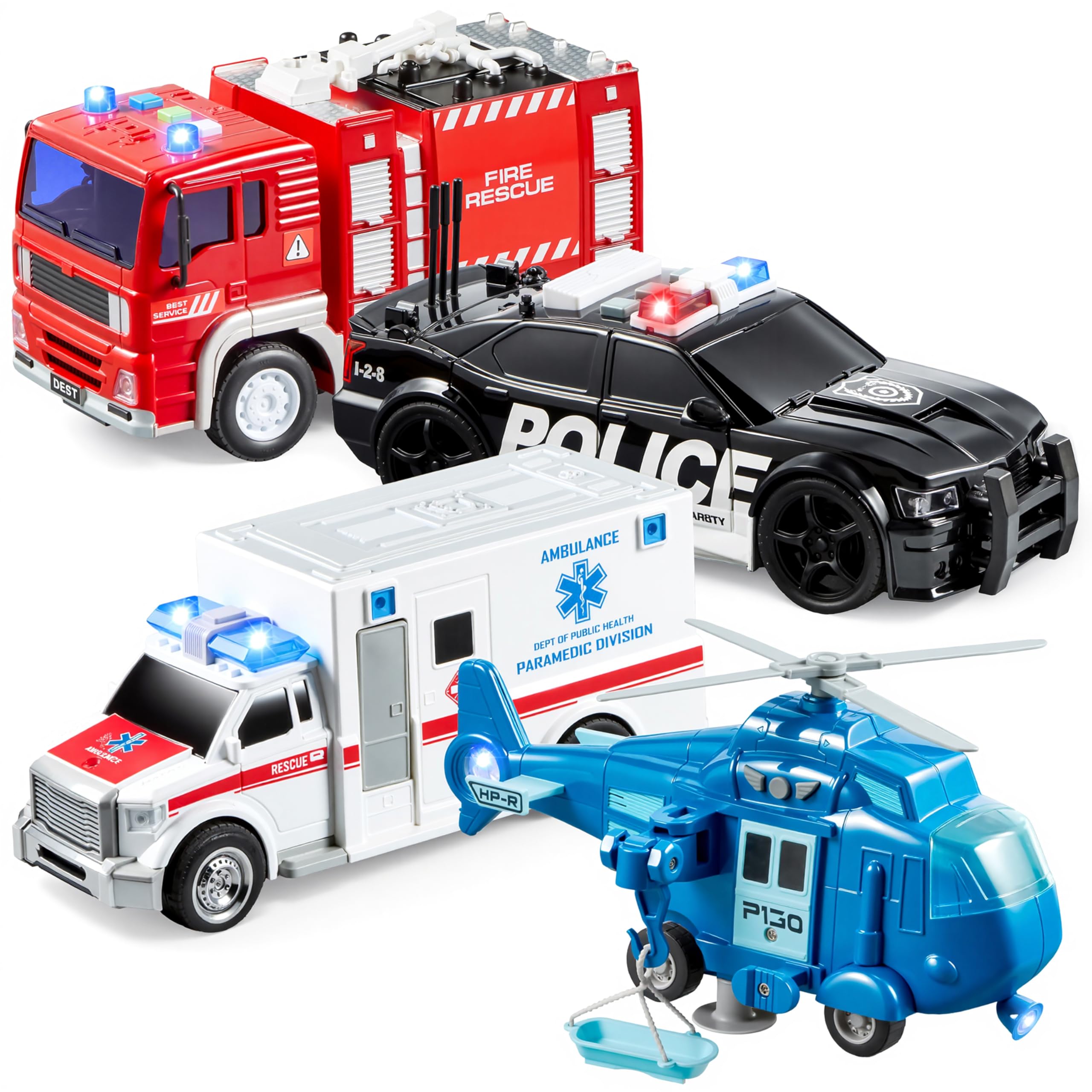 Emergency Vehicle Toy Set with Lights Sounds Fire Truck and Helicopter