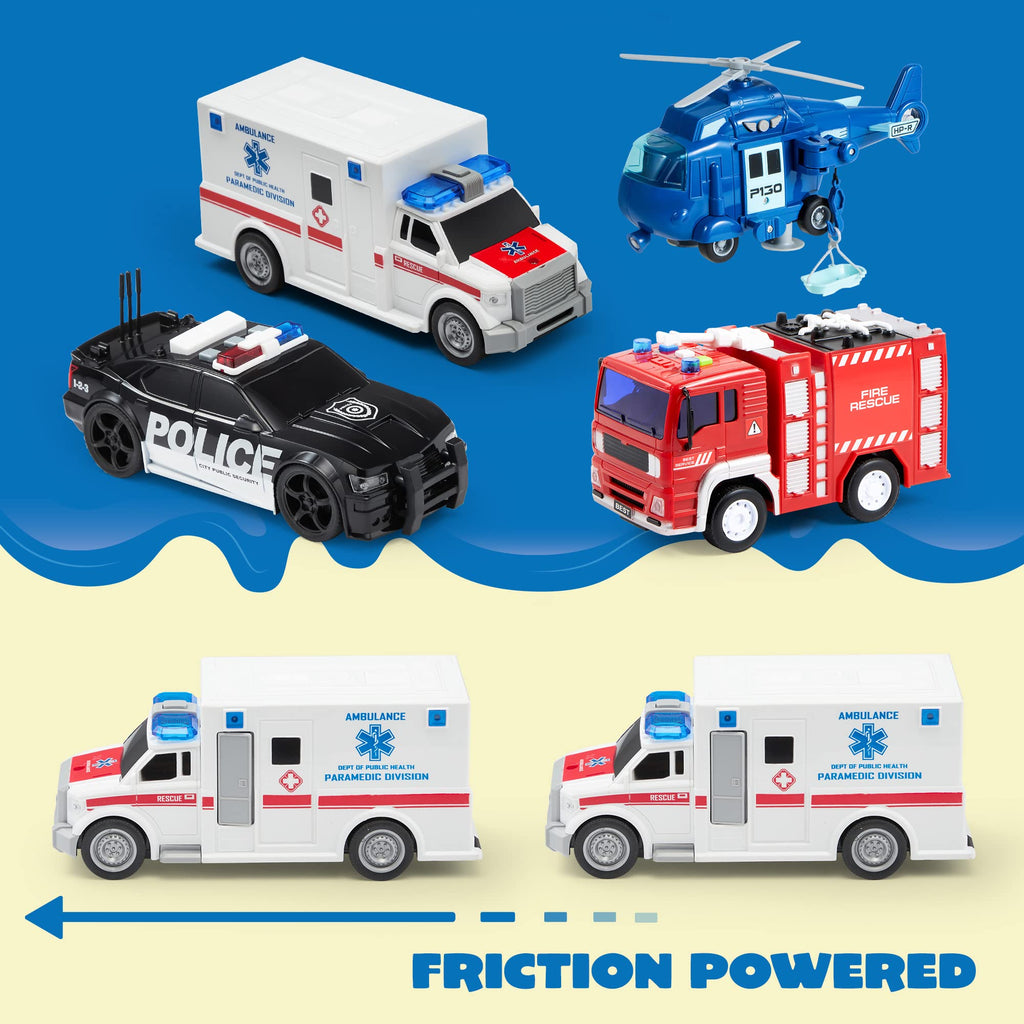 Emergency Vehicle Toy Set with Lights Sounds Fire Truck and Helicopter