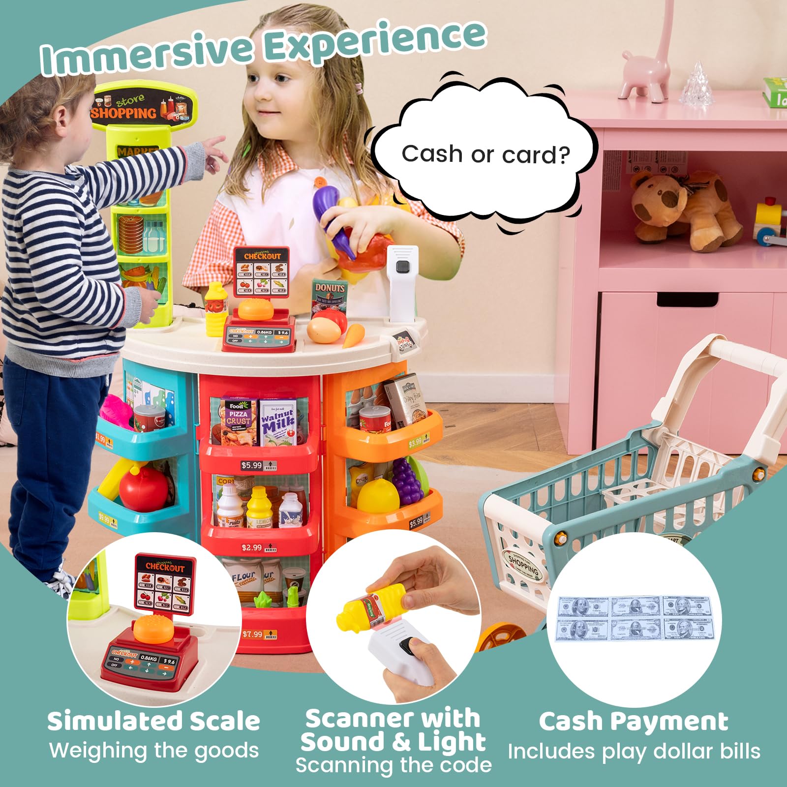 Grocery Store Pretend Playset with Cart Scanner Cash Register and Food