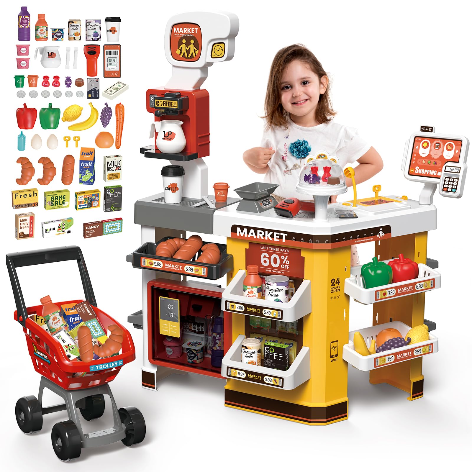 Grocery Store Playset with Shopping Cart Cash Register and Play Food