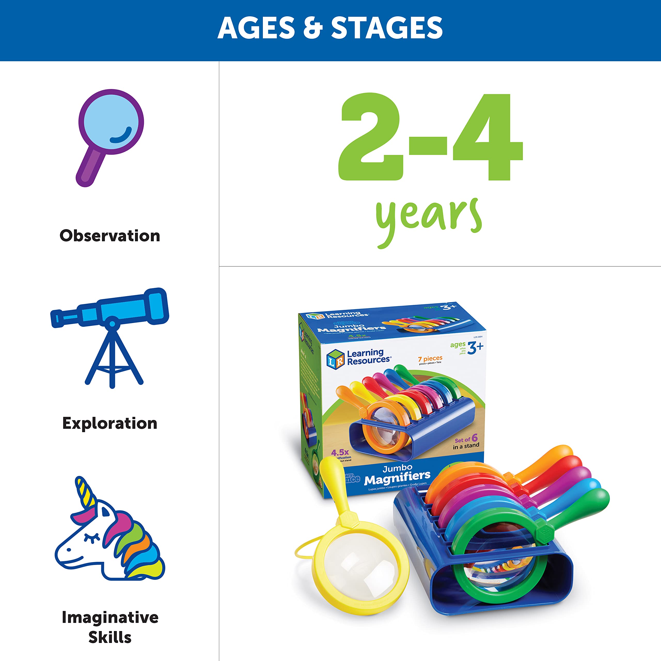 Primary Science Jumbo Magnifiers with Stands Set of Six for Kids