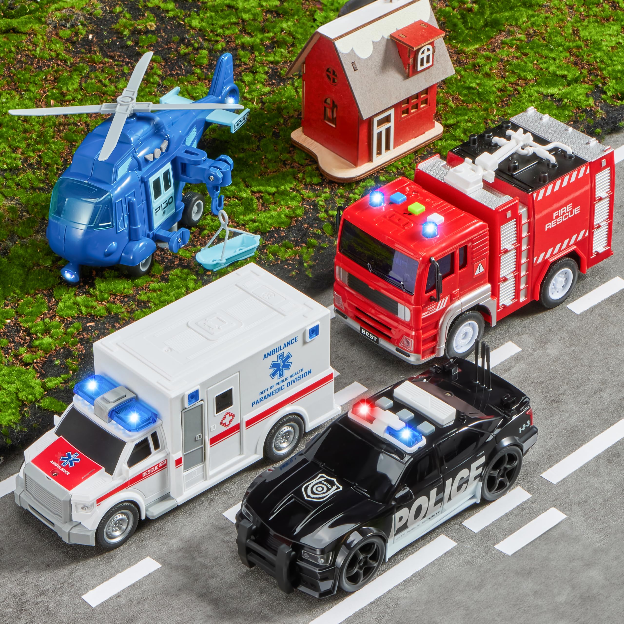 Emergency Vehicle Toy Set with Lights Sounds Fire Truck and Helicopter